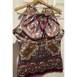 Nicole Miller 14 purple Boho Abstract Blouse Top Shirt XL metal straps